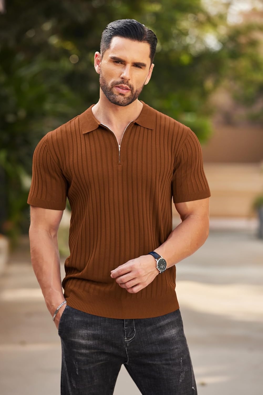 image:imageCOOFANDY Mens Quarter Zip Polo Shirt Short Sleeve Ribbed Knit Golf Tee Collared 14 Zip Textured Casual Business Shirt Lightweight Breathable Elastic T Shirt for MenBrown