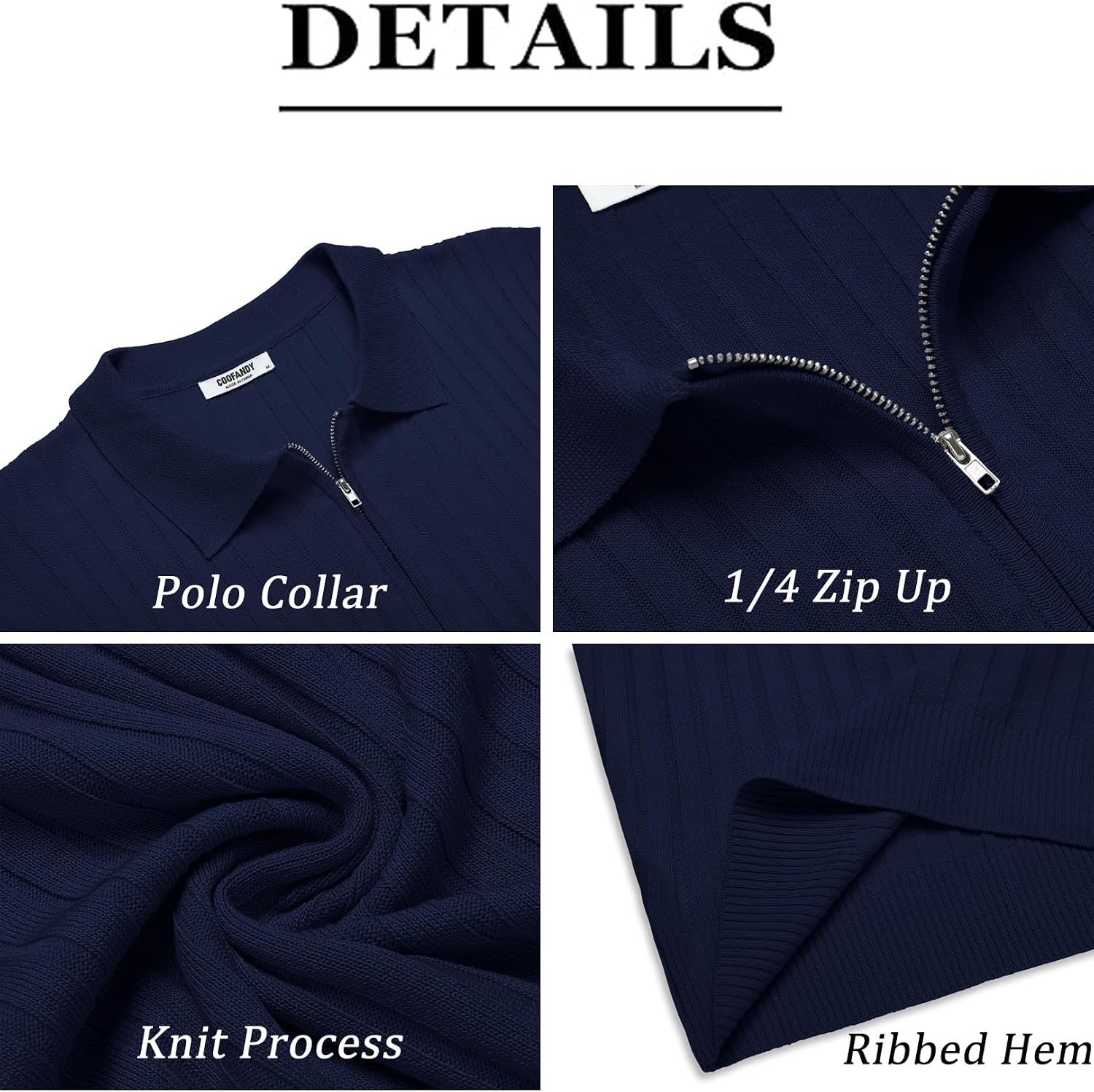 image:imageCOOFANDY Mens Quarter Zip Polo Shirt Short Sleeve Ribbed Knit Golf Tee Collared 14 Zip Textured Casual Business Shirt Lightweight Breathable Elastic T Shirt for MenAnavy Blue