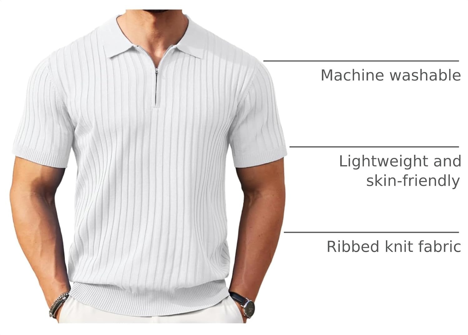 image:imageCOOFANDY Mens Quarter Zip Polo Shirt Short Sleeve Ribbed Knit Golf Tee Collared 14 Zip Textured Casual Business Shirt Lightweight Breathable Elastic T Shirt for MenWhite
