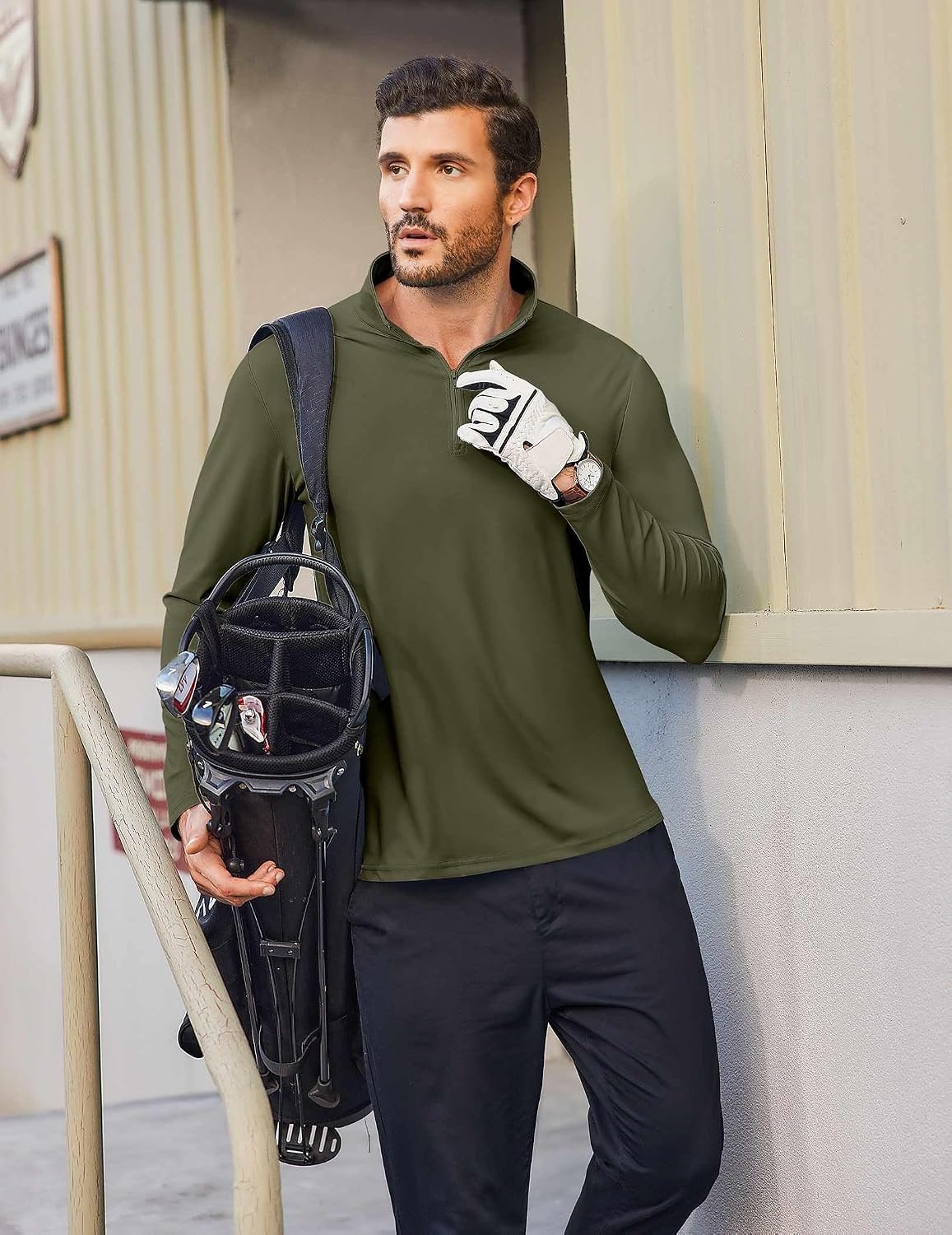 image:imageCOOFANDY Mens Quarter Zip Pullover 14 Zip Mock Neck Sun Protection Lightweight Athletic Golf Polo ShirtsArmy Green