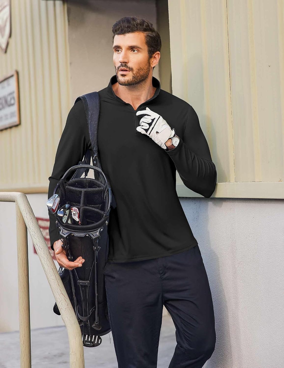 image:imageCOOFANDY Mens Quarter Zip Pullover 14 Zip Mock Neck Sun Protection Lightweight Athletic Golf Polo ShirtsBlack