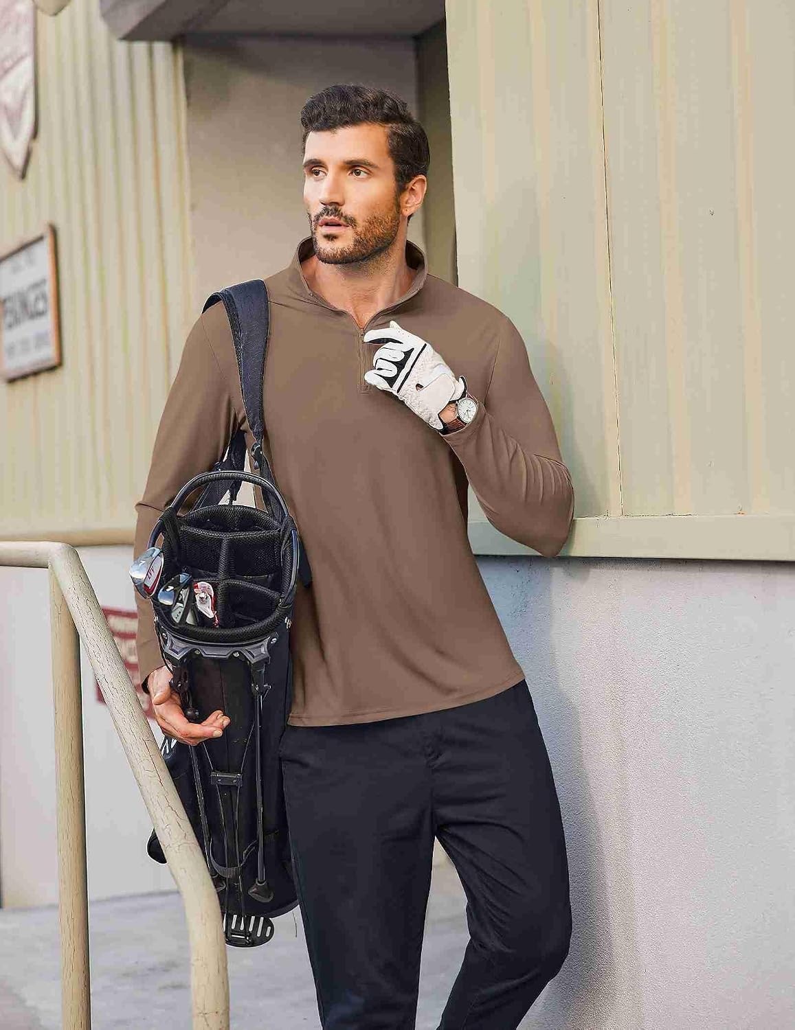 image:imageCOOFANDY Mens Quarter Zip Pullover 14 Zip Mock Neck Sun Protection Lightweight Athletic Golf Polo ShirtsBrown