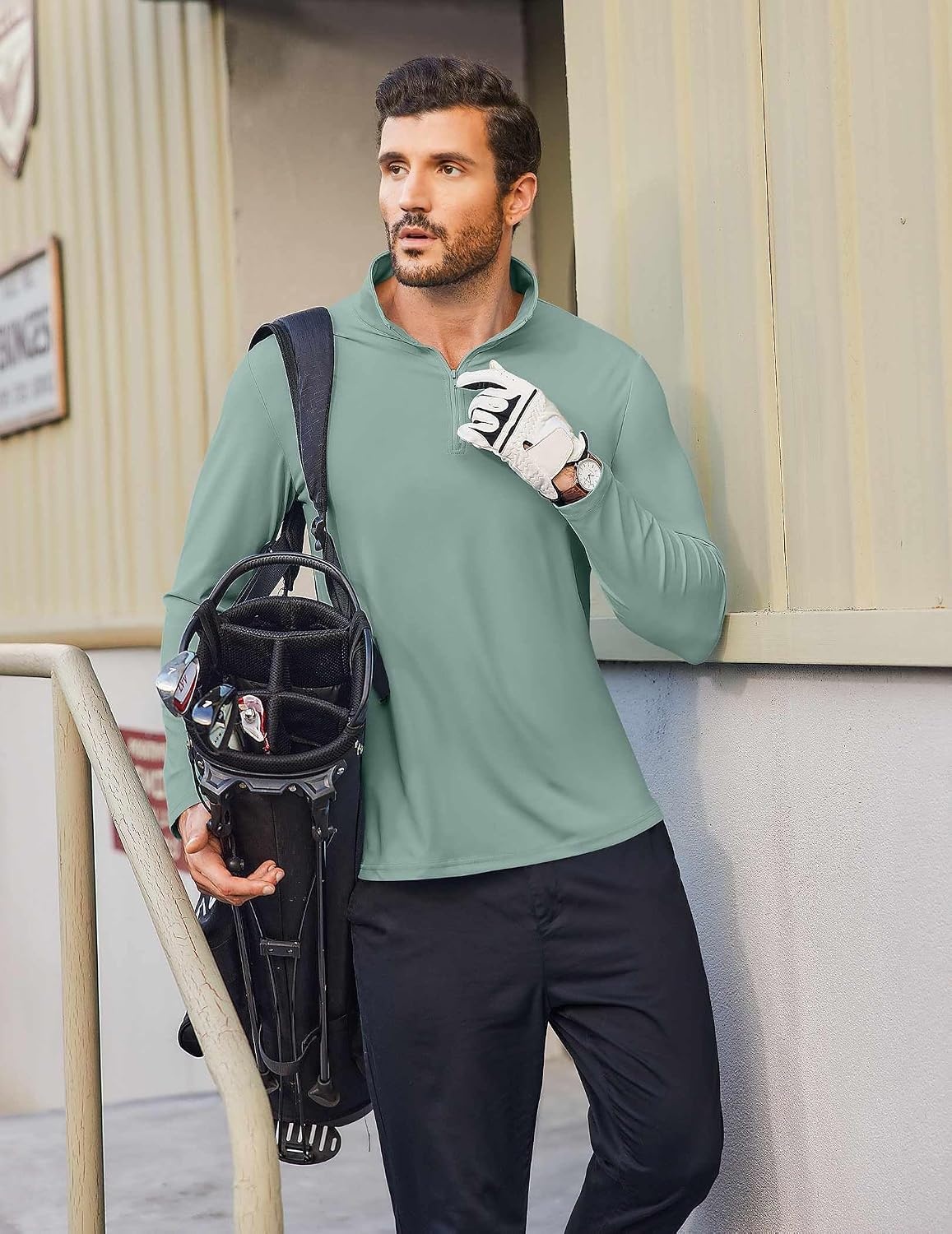 image:imageCOOFANDY Mens Quarter Zip Pullover 14 Zip Mock Neck Sun Protection Lightweight Athletic Golf Polo ShirtsGreen