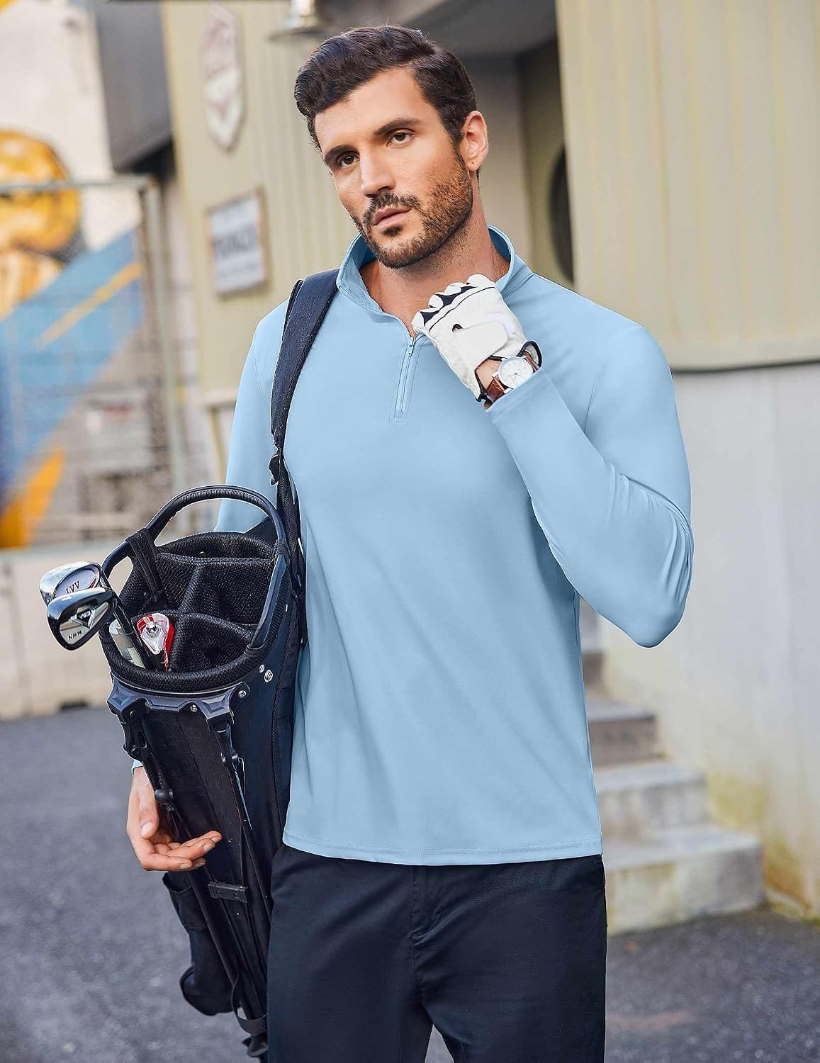 image:imageCOOFANDY Mens Quarter Zip Pullover 14 Zip Mock Neck Sun Protection Lightweight Athletic Golf Polo ShirtsLight Blue