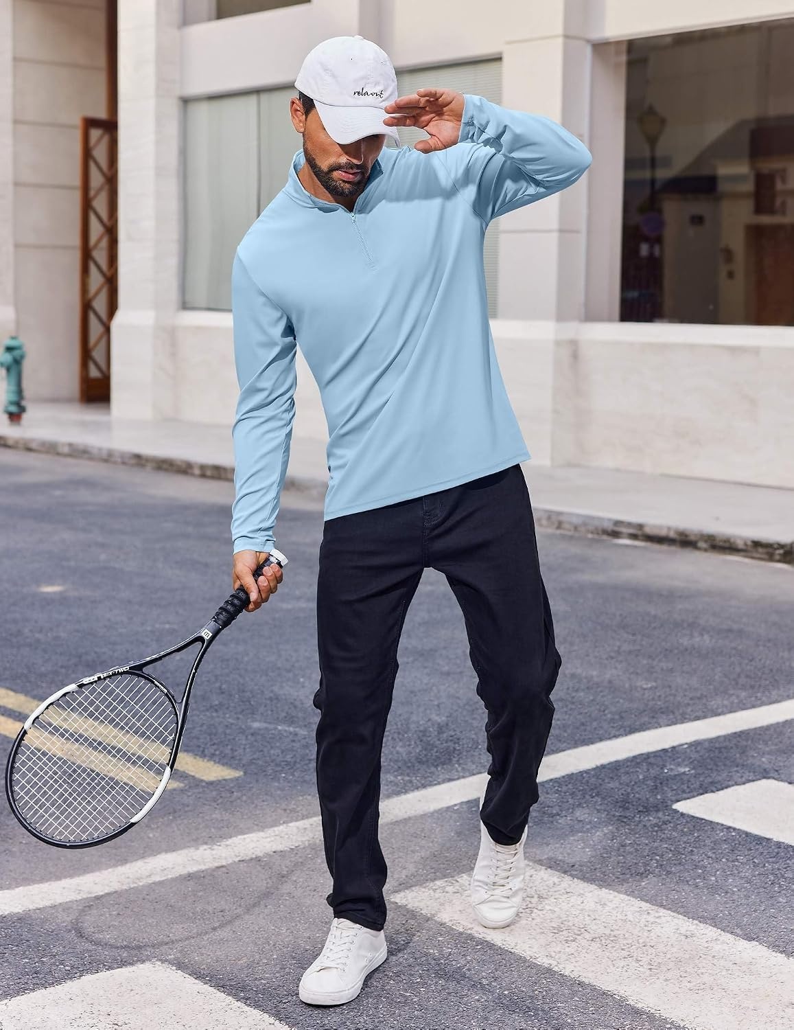 image:imageCOOFANDY Mens Quarter Zip Pullover 14 Zip Mock Neck Sun Protection Lightweight Athletic Golf Polo ShirtsLight Blue