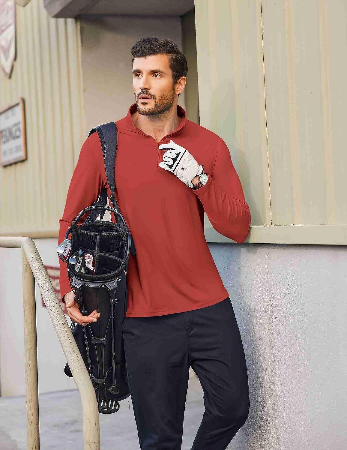 image:imageCOOFANDY Mens Quarter Zip Pullover 14 Zip Mock Neck Sun Protection Lightweight Athletic Golf Polo ShirtsRed