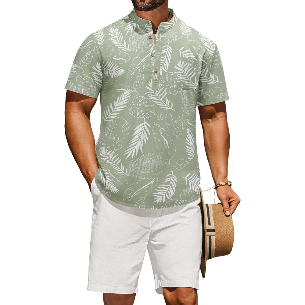 image:imageCOOFANDY Mens 2 Piece Cotton Linen Sets Summer Beach Outfits Casual Short Sleeve Henley Shirts and Vacation ShortsGreen Floral ShirtWhite Shorts