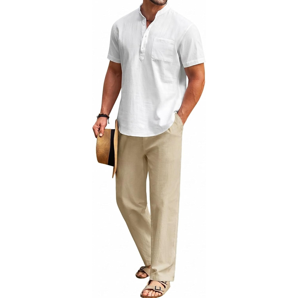 image:imageCOOFANDY Mens 2 Pieces Cotton Linen Set Casual Short Sleeve Henley Shirts Beach Yoga Pants Summer OutfitsWhite  Khaki