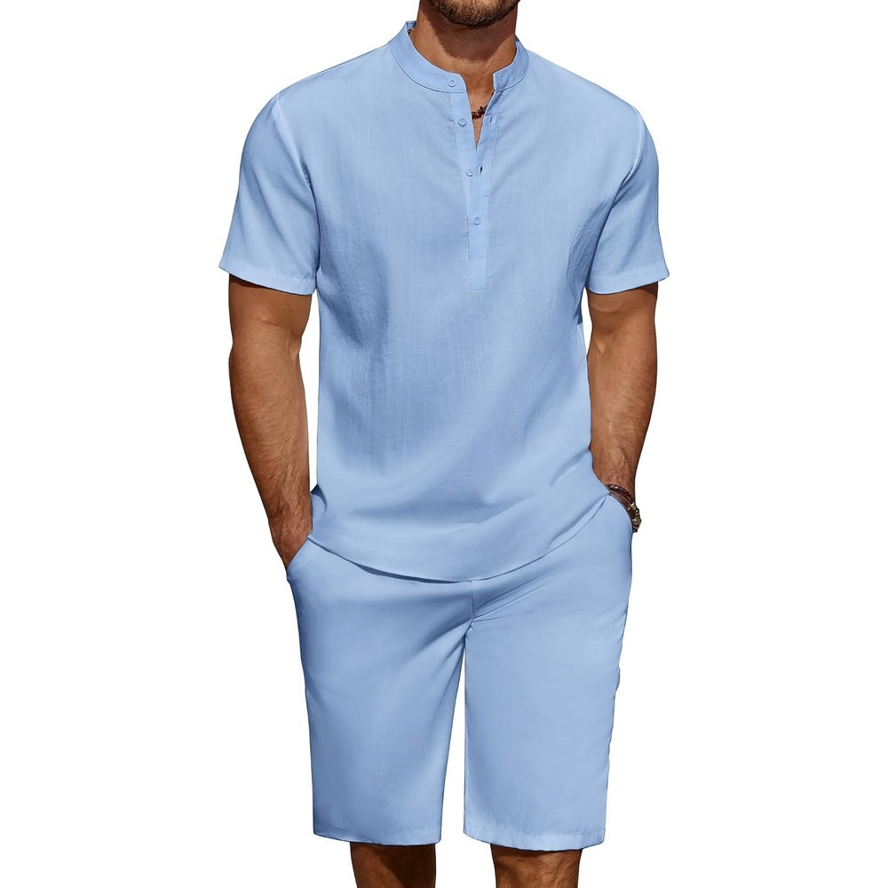 image:imageCOOFANDY Mens 2 Pieces Linen Set Casual Henley Shirts Beach Pants Outfits Button ClosureBeachSummerLightweight BreathableAdjustable DrawstringBlue