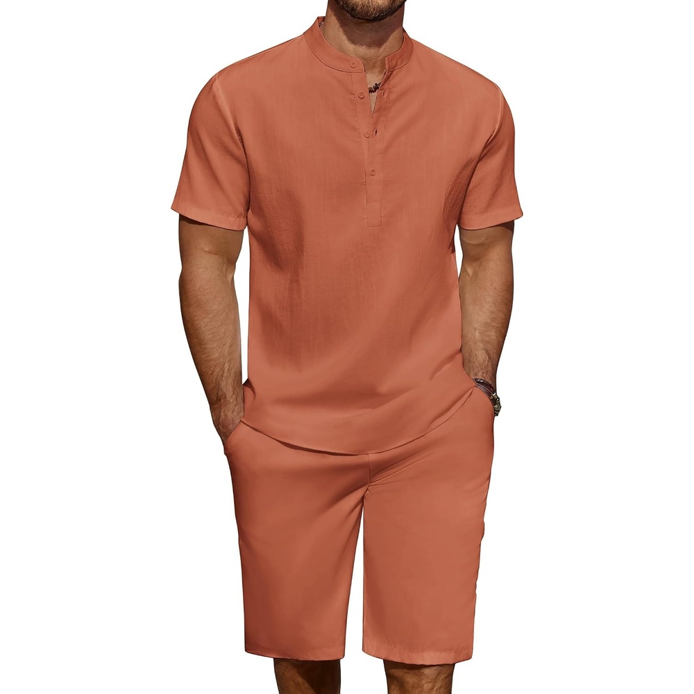image:imageCOOFANDY Mens 2 Pieces Linen Set Casual Henley Shirts Beach Pants Outfits Button ClosureBeachSummerLightweight BreathableAdjustable DrawstringCaramel