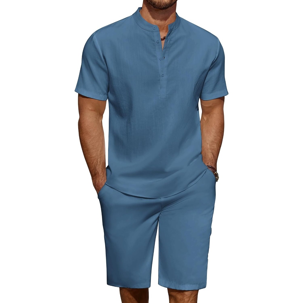 image:imageCOOFANDY Mens 2 Pieces Linen Set Casual Henley Shirts Beach Pants Outfits Button ClosureBeachSummerLightweight BreathableAdjustable DrawstringDark Blue