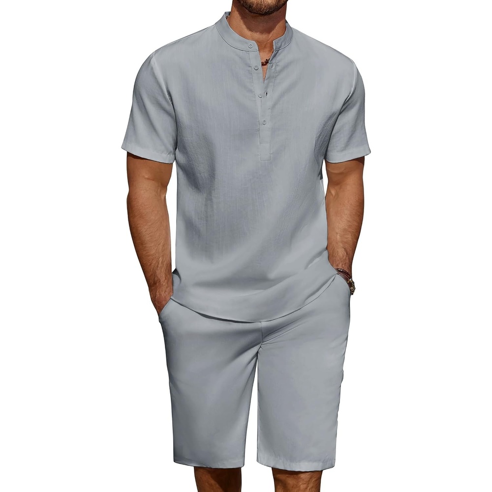 image:imageCOOFANDY Mens 2 Pieces Linen Set Casual Henley Shirts Beach Pants Outfits Button ClosureBeachSummerLightweight BreathableAdjustable DrawstringGrey
