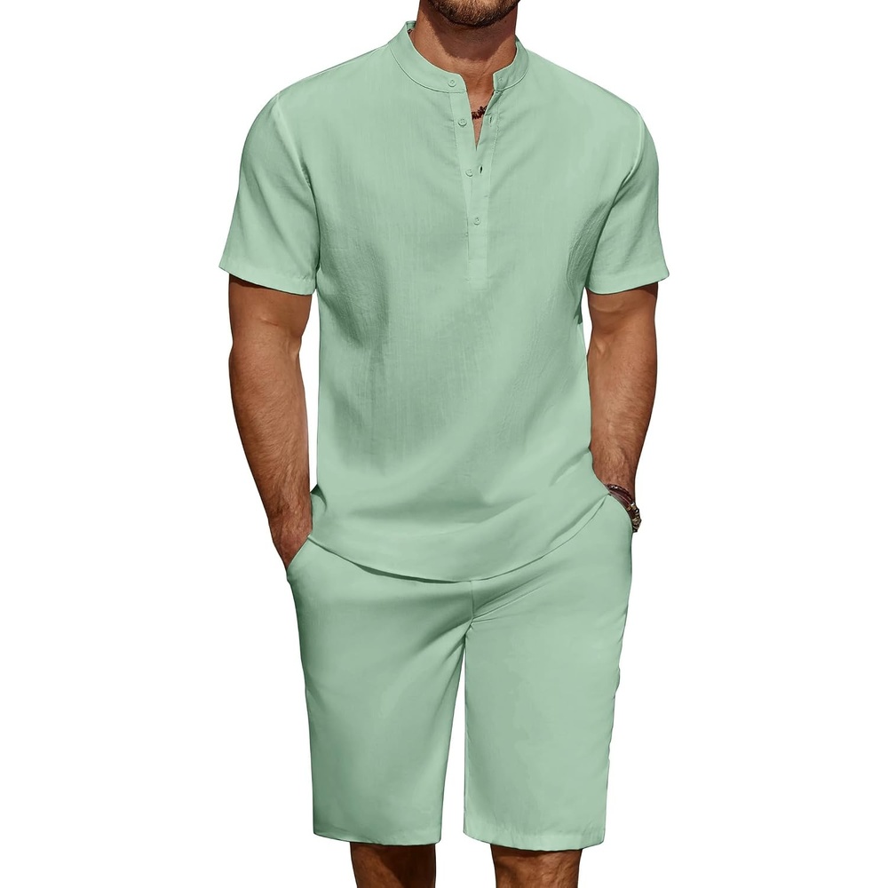 image:imageCOOFANDY Mens 2 Pieces Linen Set Casual Henley Shirts Beach Pants Outfits Button ClosureBeachSummerLightweight BreathableAdjustable DrawstringIce Green