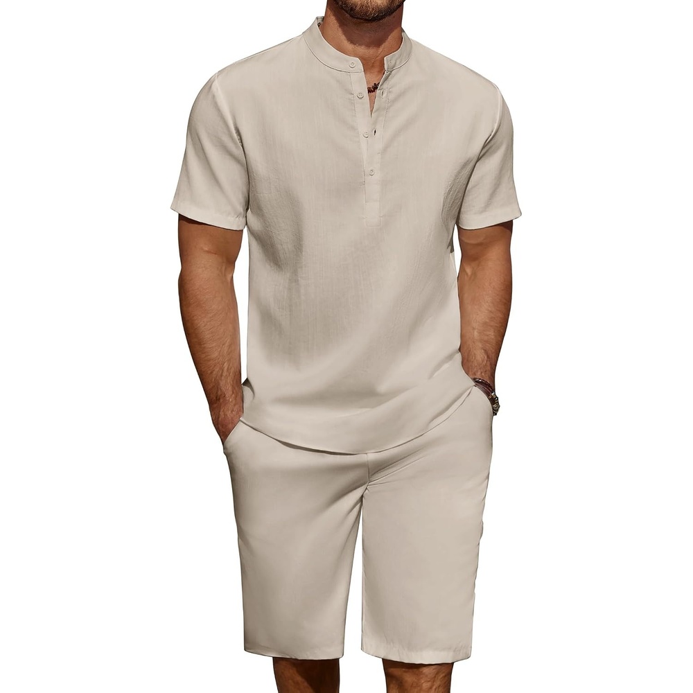 image:imageCOOFANDY Mens 2 Pieces Linen Set Casual Henley Shirts Beach Pants Outfits Button ClosureBeachSummerLightweight BreathableAdjustable DrawstringLight Khaki