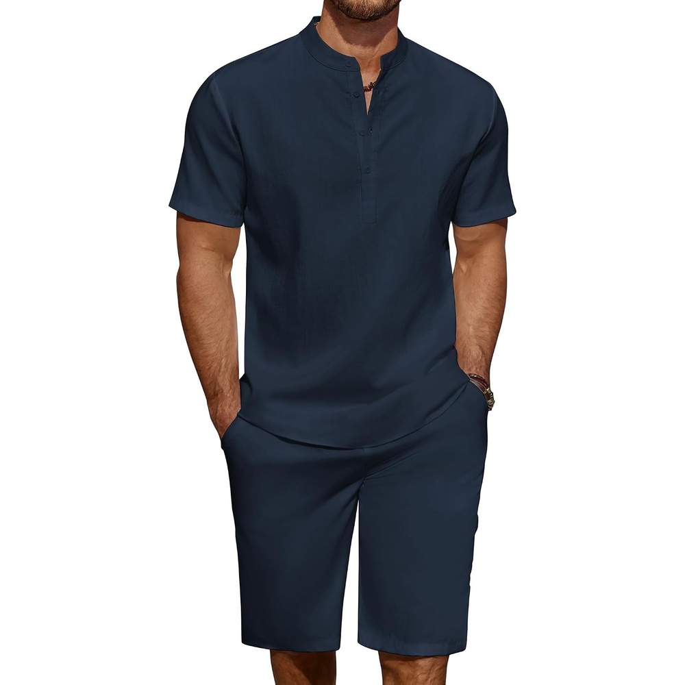 image:imageCOOFANDY Mens 2 Pieces Linen Set Casual Henley Shirts Beach Pants Outfits Button ClosureBeachSummerLightweight BreathableAdjustable DrawstringNavy Blue