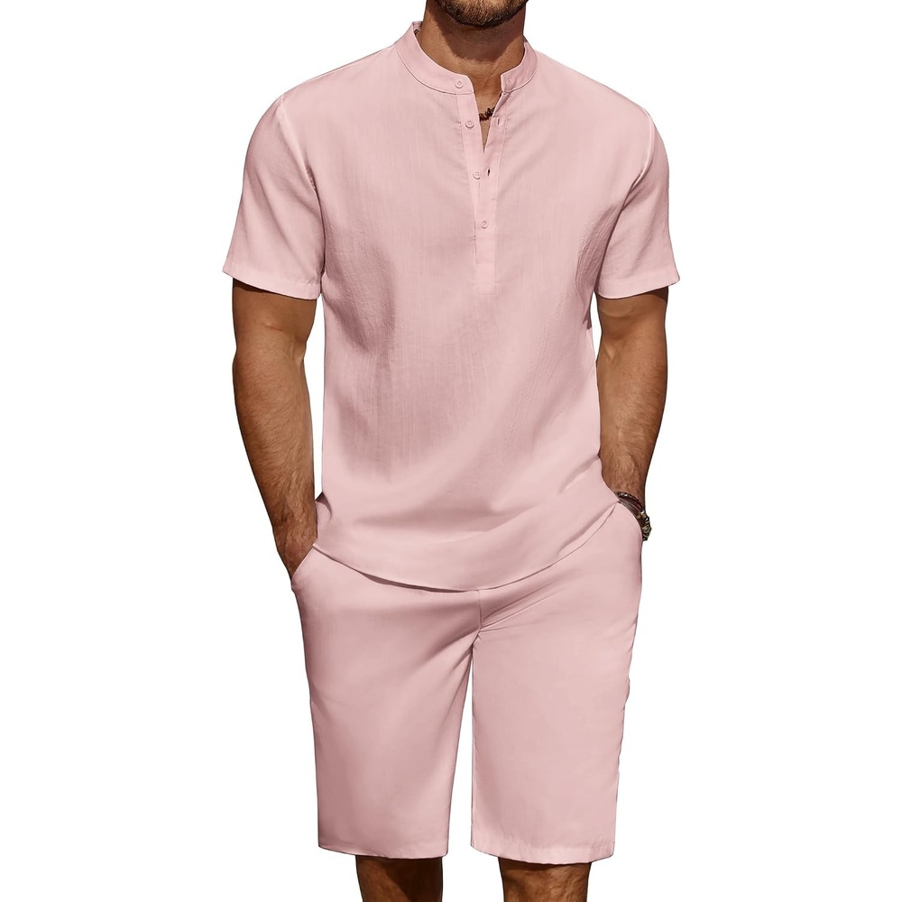image:imageCOOFANDY Mens 2 Pieces Linen Set Casual Henley Shirts Beach Pants Outfits  Button ClosureBeachSummerLightweight BreathableAdjustable DrawstringPink