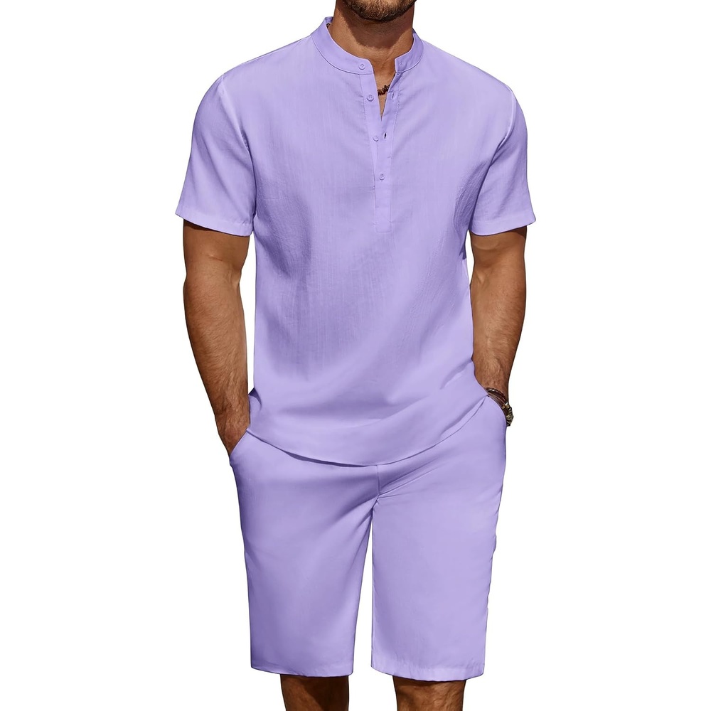 image:imageCOOFANDY Mens 2 Pieces Linen Set Casual Henley Shirts Beach Pants Outfits Button ClosureBeachSummerLightweight BreathableAdjustable DrawstringPurple