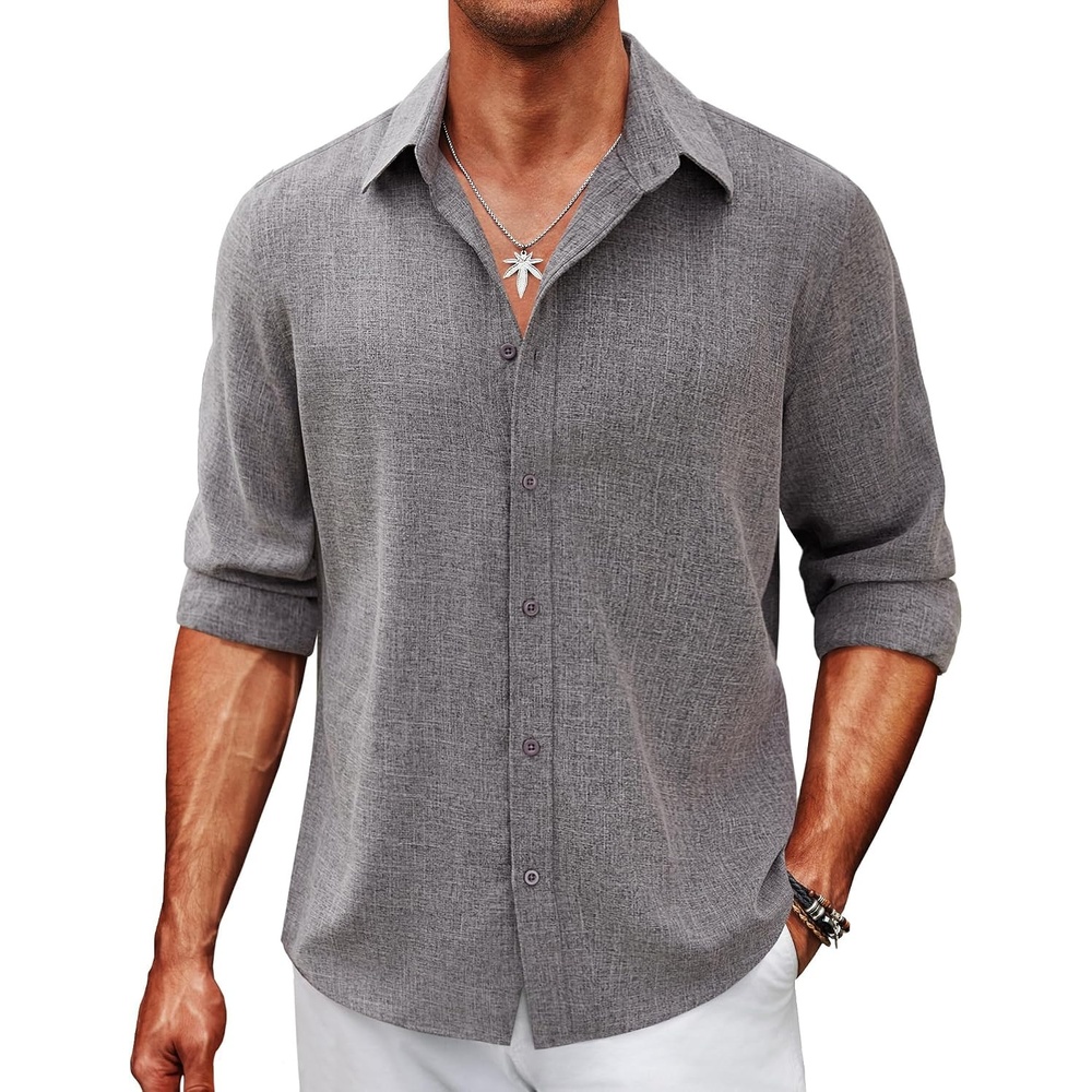 image:imageCOOFANDY Mens Button Down Shirt Long Sleeve Untucked Shirts Summer Casual Dress ShirtsGranite Gray