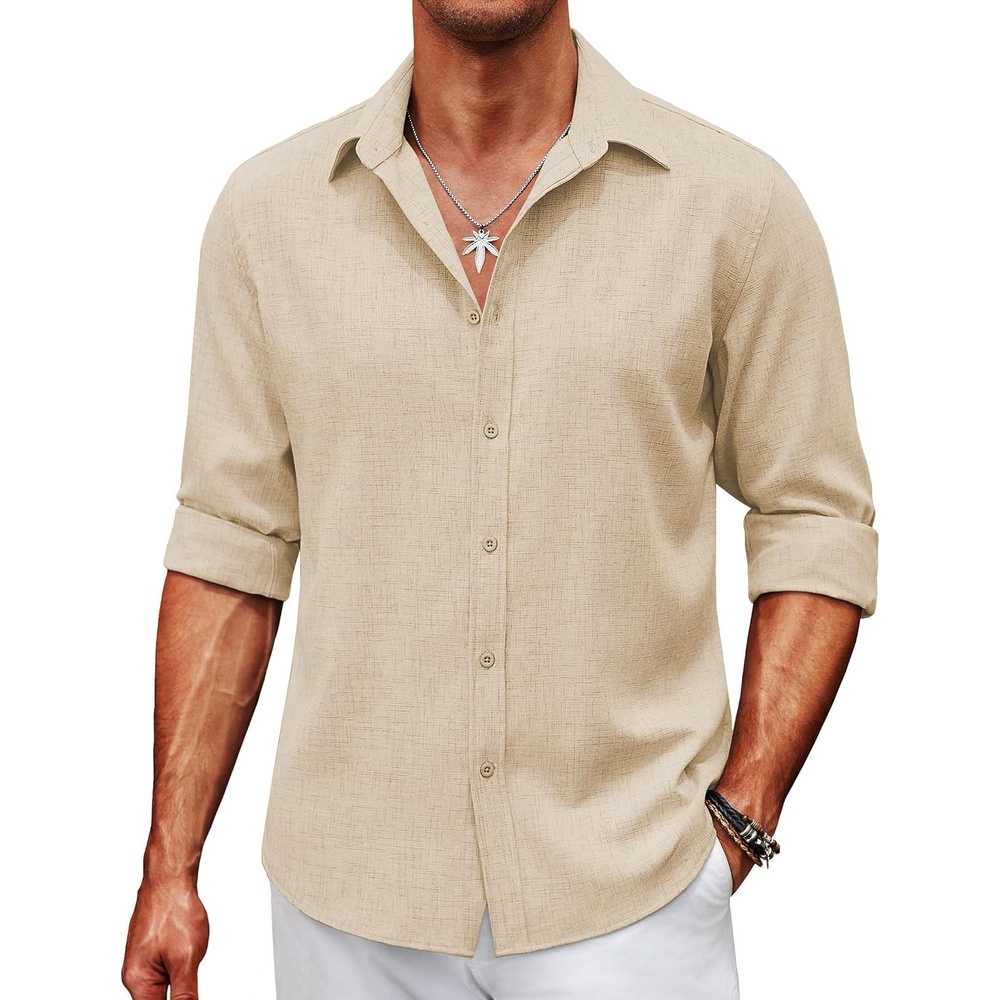 image:imageCOOFANDY Mens Button Down Shirt Long Sleeve Untucked Shirts Summer Casual Dress ShirtsShortbread