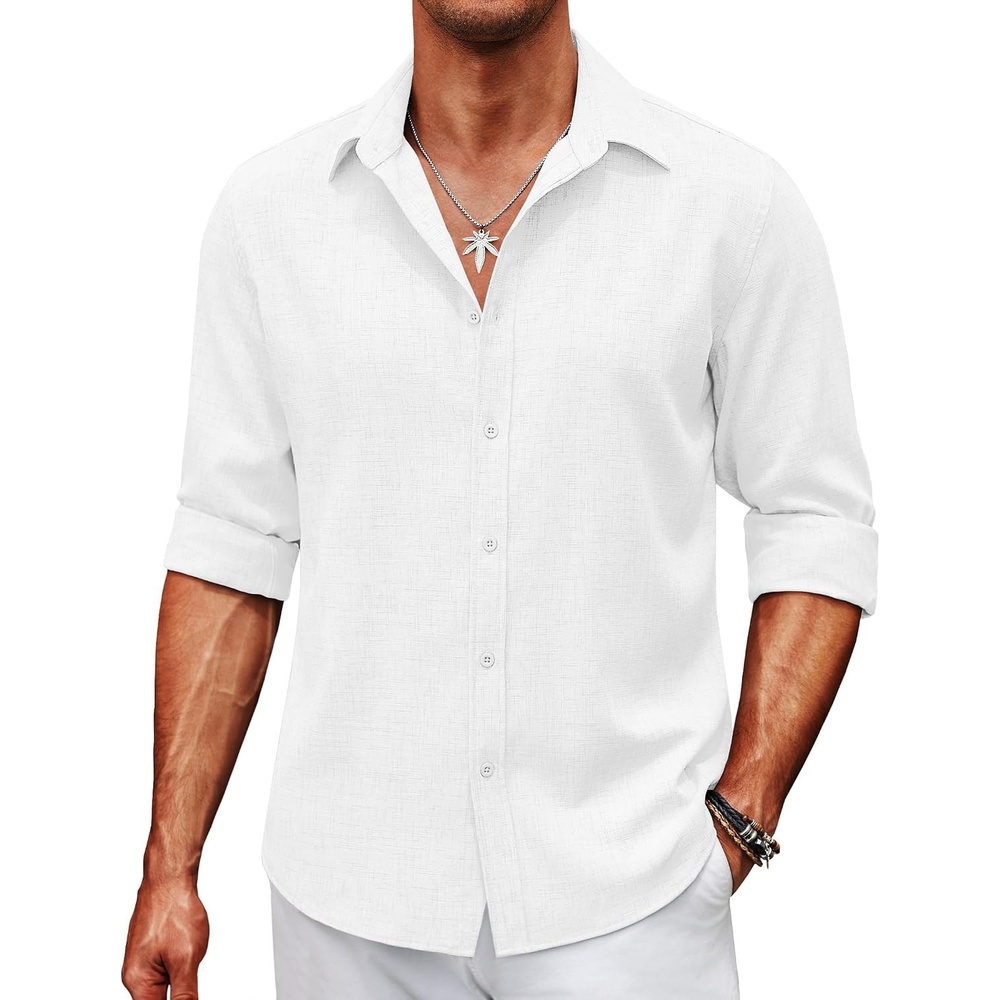 image:imageCOOFANDY Mens Button Down Shirt Long Sleeve Untucked Shirts Summer Casual Dress ShirtsWhite