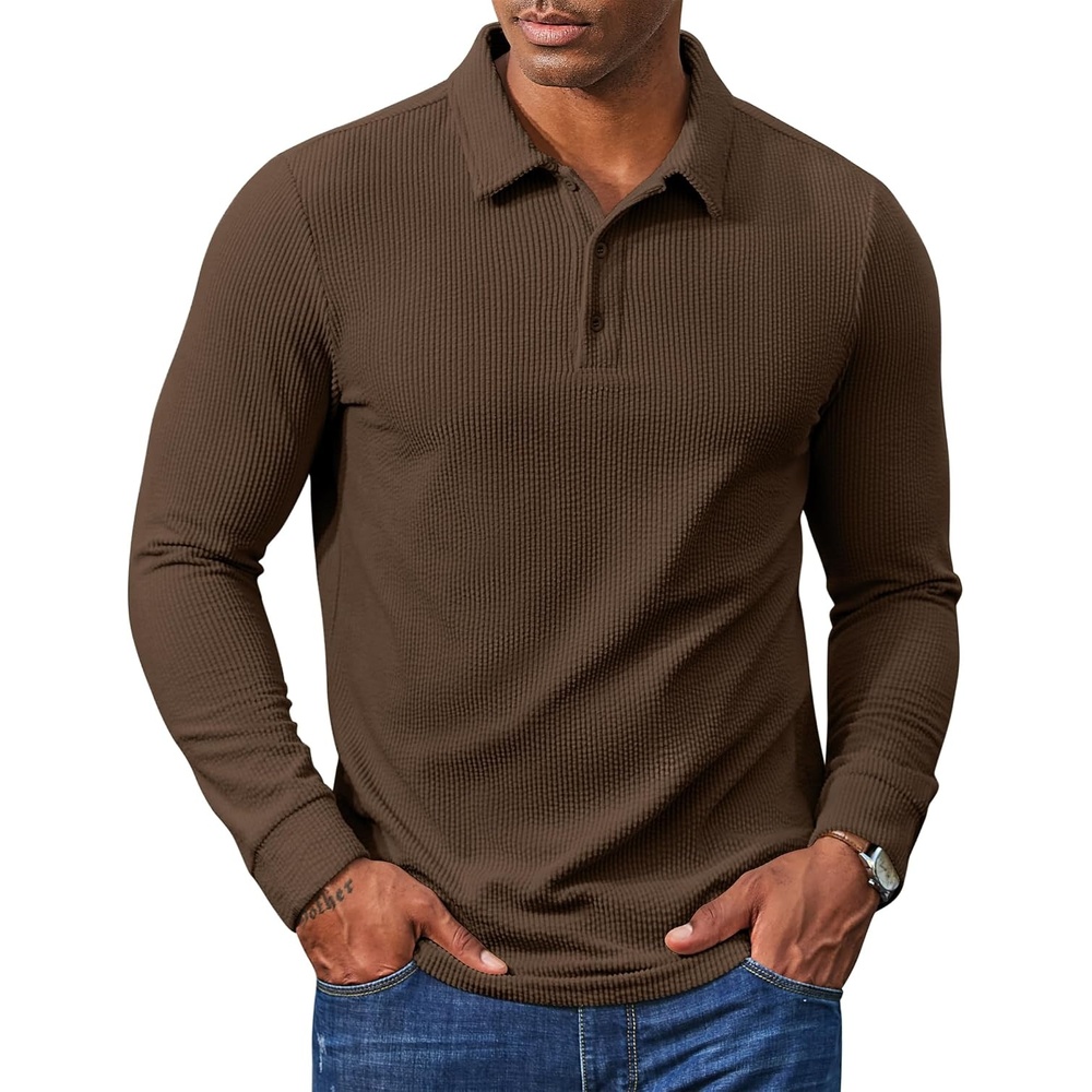 image:imageCOOFANDY Mens Corduroy Long Sleeve Polo Shirts Collared Pullover Soft Textured Fabric Quarter Button Placket Lightweight Regular Fit Fall Fashion Business Casual Work WearBrown