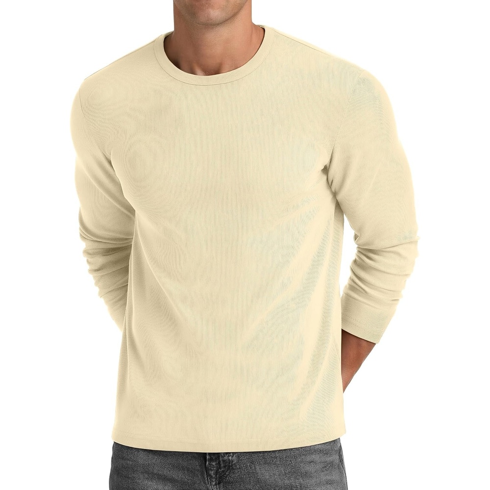 image:imageCOOFANDY Mens Long Sleeve Muscle T Shirts Slim Fit Casual Crew Neck Ribbed Tee ShirtsBeige