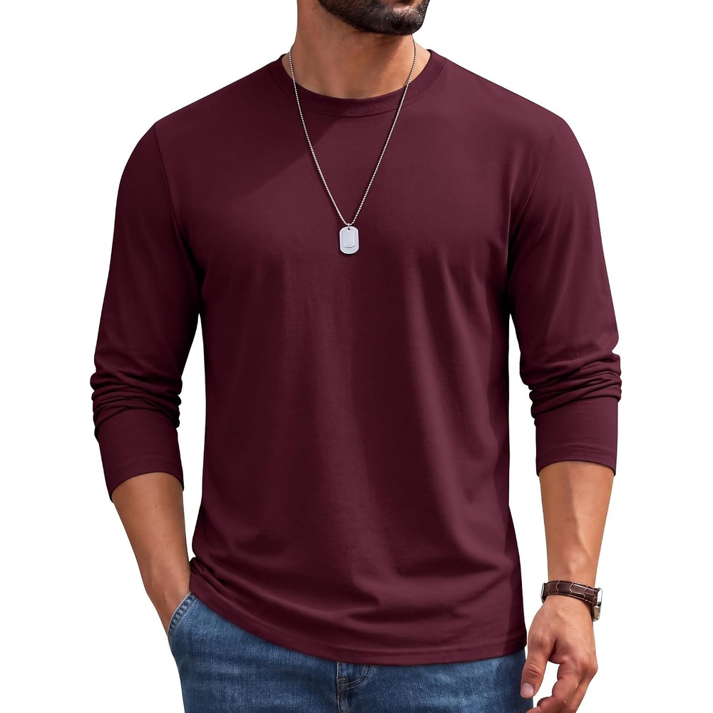 image:imageCOOFANDY Mens Long Sleeve Shirts Crew Neck Cotton TShirt Casual Shirts Cotton Fabric Comfortable and Breathable for Daily Wear Ribbed Crew Neck reinforced with DoubleNeedle TopstitchingDark Red