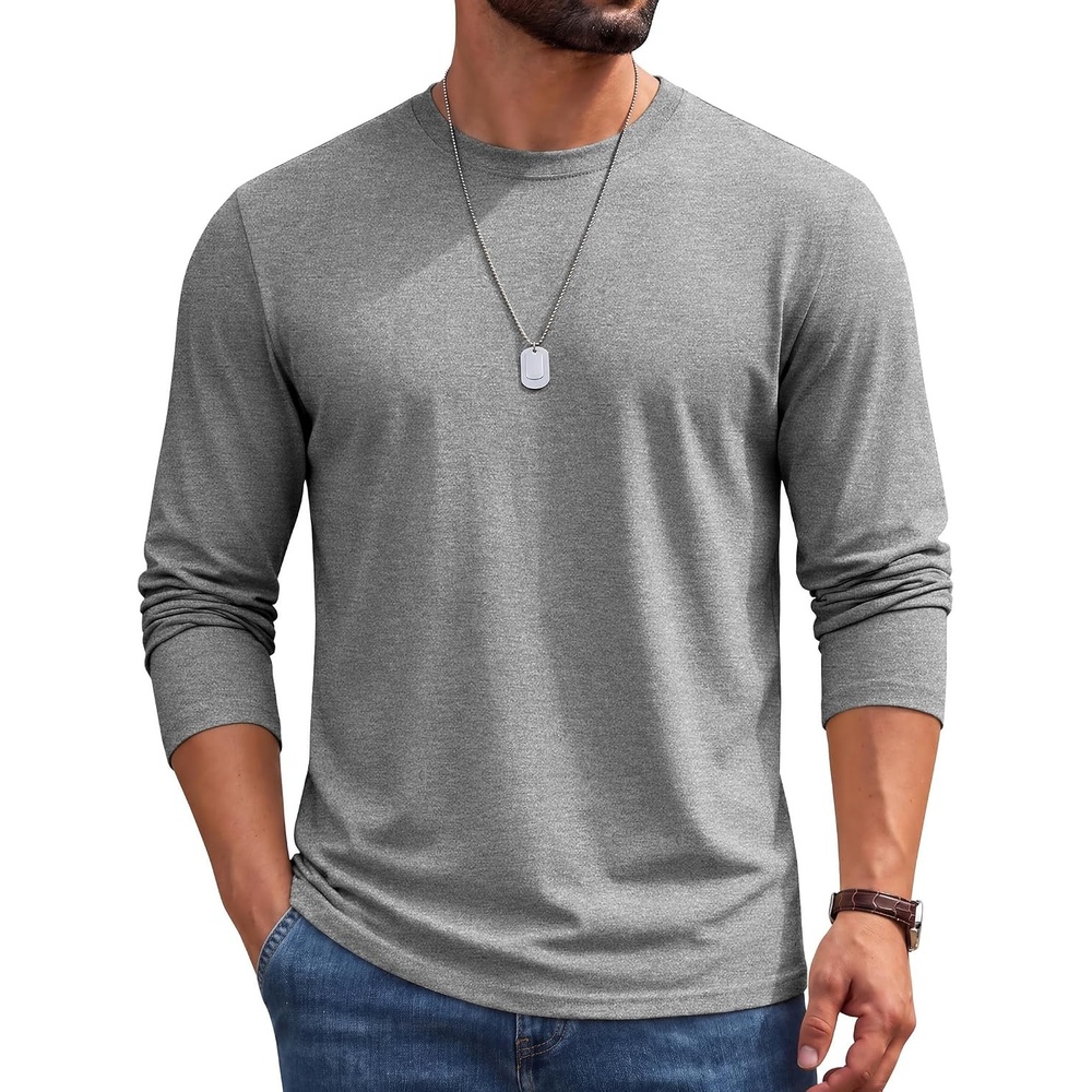 image:imageCOOFANDY Mens Long Sleeve Shirts Crew Neck Cotton TShirt Casual Shirts  Cotton Fabric Comfortable and Breathable for Daily Wear Ribbed Crew Neck reinforced with DoubleNeedle TopstitchingLight Grey