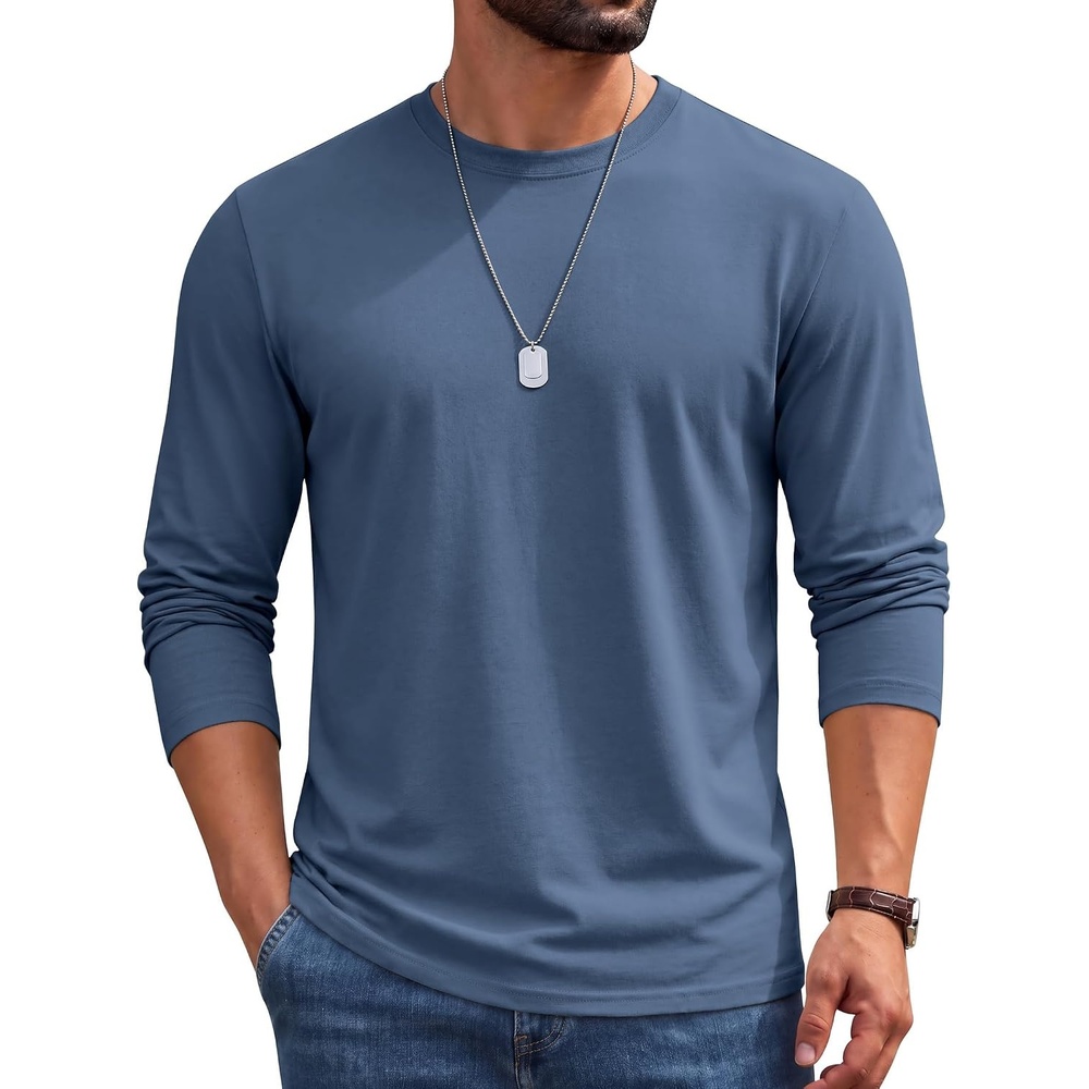 image:imageCOOFANDY Mens Long Sleeve Shirts Crew Neck Cotton TShirt Casual Shirts  Cotton Fabric Comfortable and Breathable for Daily Wear Ribbed Crew Neck reinforced with DoubleNeedle TopstitchingGrey Blue