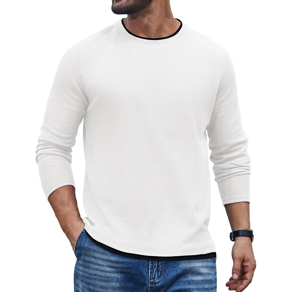 image:imageCOOFANDY Mens Long Sleeve Tee Shirts Cotton Waffle Crewneck Pullover Tshirts with Contrast TrimAll White Black Trim