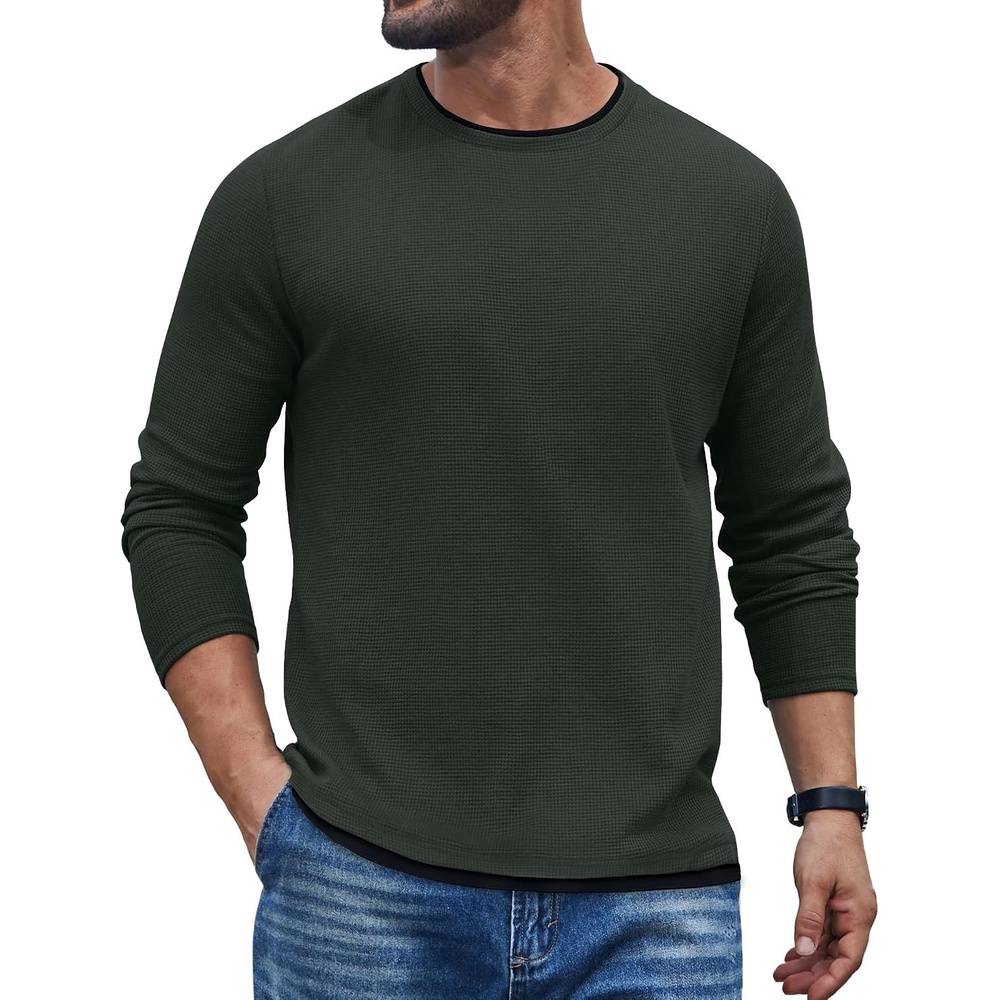 image:imageCOOFANDY Mens Long Sleeve Tee Shirts Cotton Waffle Crewneck Pullover Tshirts with Contrast TrimArmy Green Black Trims