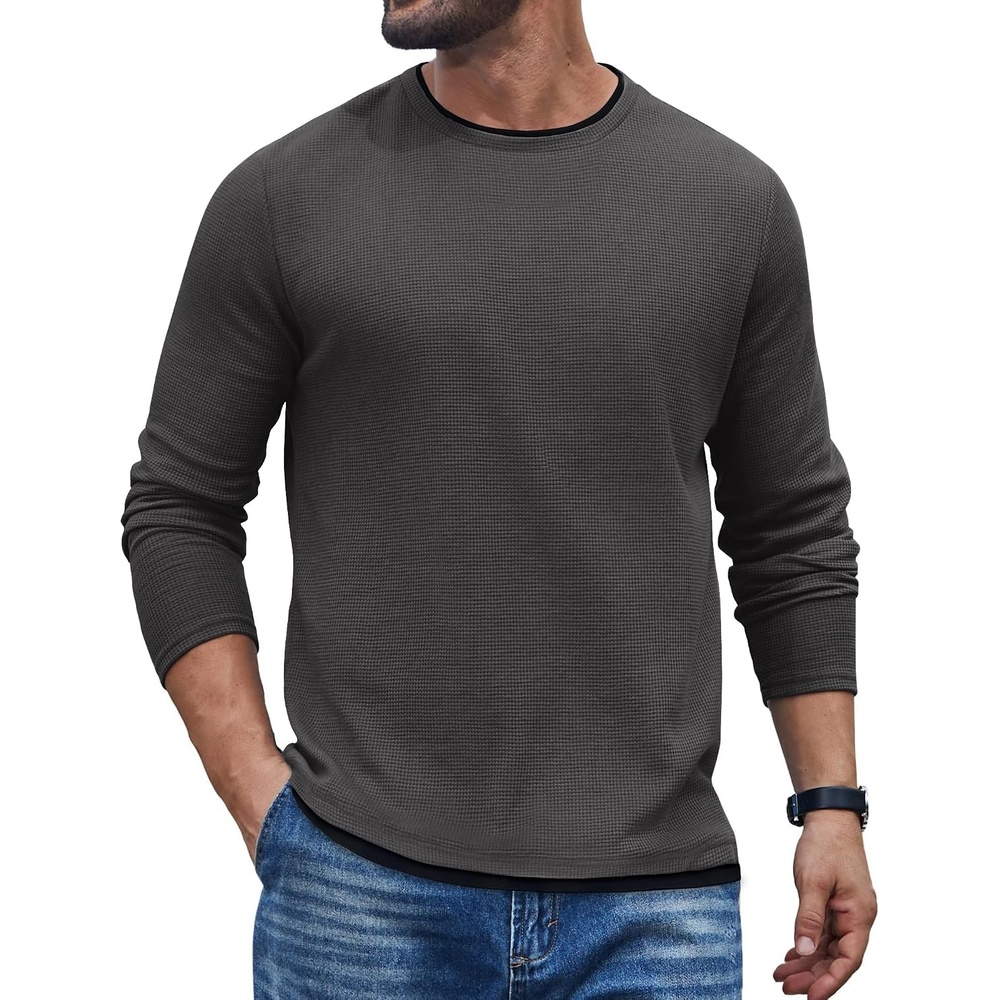 image:imageCOOFANDY Mens Long Sleeve Tee Shirts Cotton Waffle Crewneck Pullover Tshirts with Contrast TrimDark Grey Black Trim