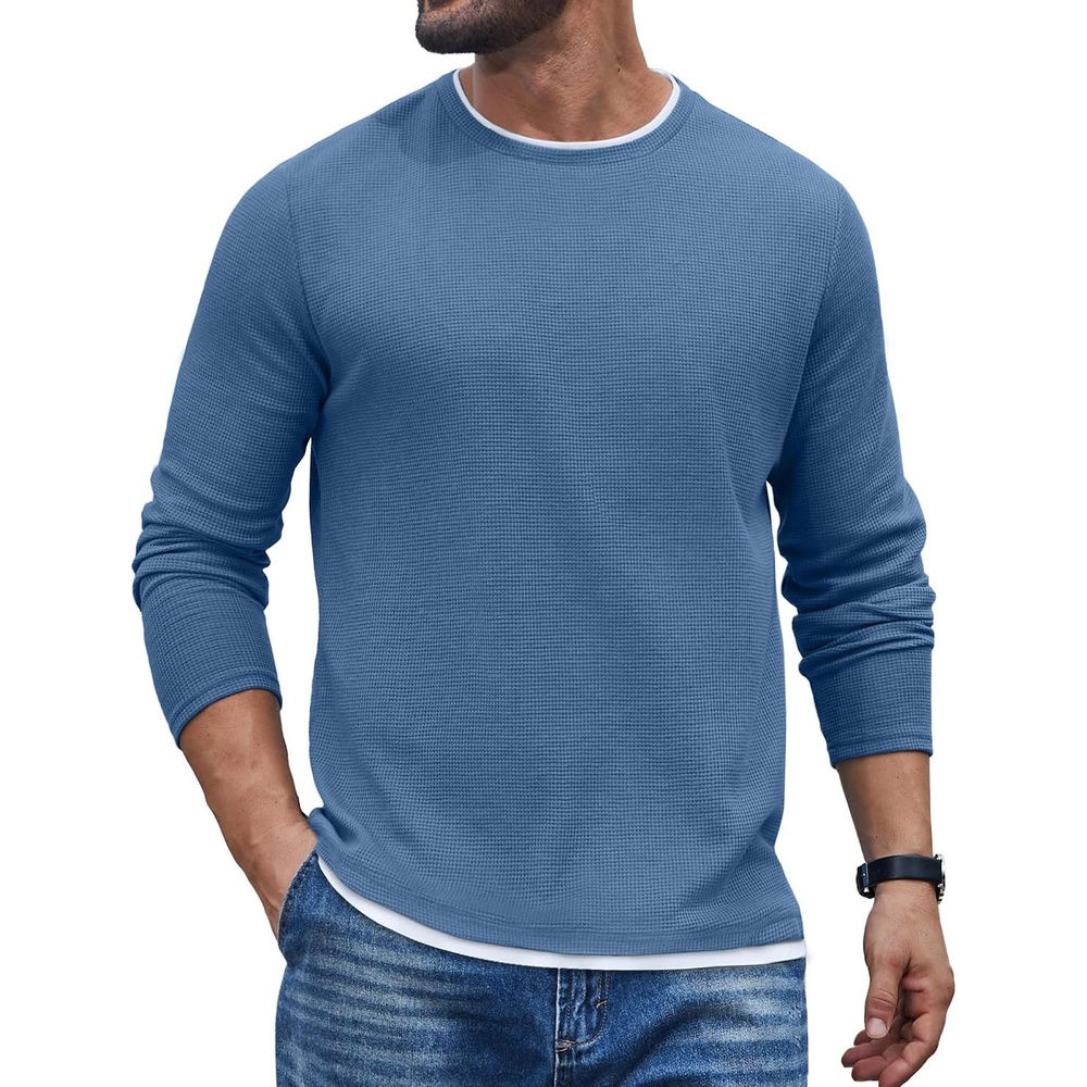 image:imageCOOFANDY Mens Long Sleeve Tee Shirts Cotton Waffle Crewneck Pullover Tshirts with Contrast TrimGrey Blue White Trim