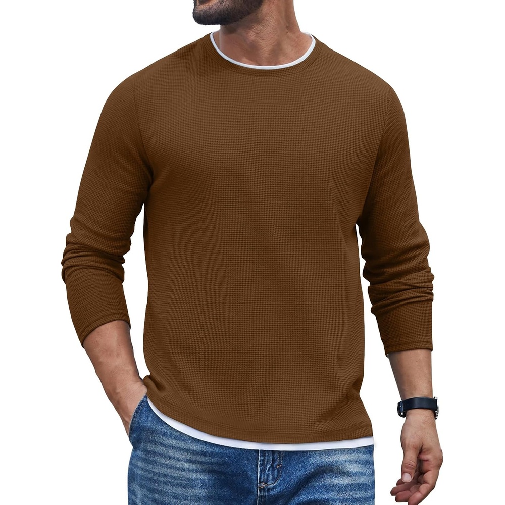 image:imageCOOFANDY Mens Long Sleeve Tee Shirts Cotton Waffle Crewneck Pullover Tshirts with Contrast TrimLight Brown White Trim