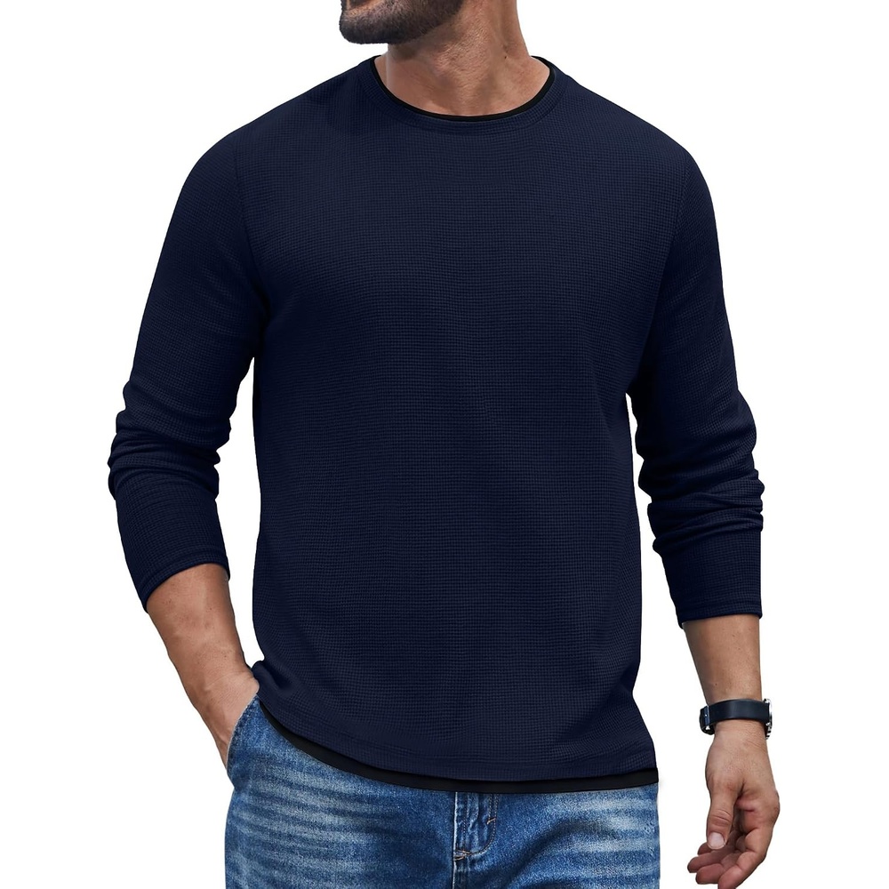 image:imageCOOFANDY Mens Long Sleeve Tee Shirts Cotton Waffle Crewneck Pullover Tshirts with Contrast TrimNavy Black Trim
