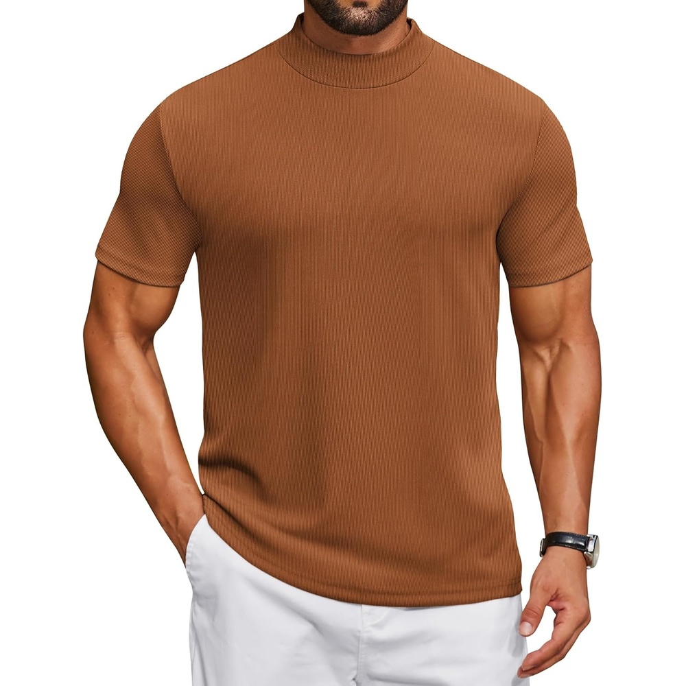 image:imageCOOFANDY Mens Mock Turtleneck Shirts Short Sleeve Casual Basic TShirts Ribbed Solid Pullover TopsCaramel