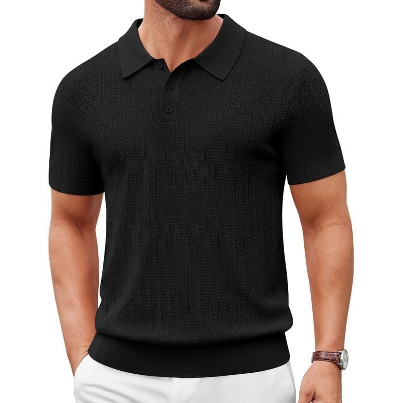 image:imageCOOFANDY Mens Polo Shirts Textured Knit Short Sleeve Stretch Casual Shirts IceCool Fabric Comfortable and Breathable Three Button placket unique knit TextureAll Black