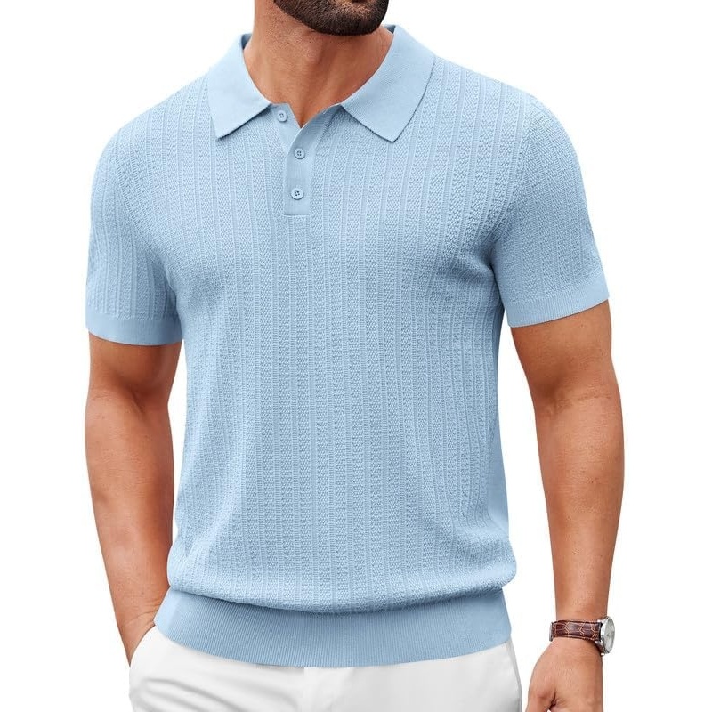 image:imageCOOFANDY Mens Polo Shirts Textured Knit Short Sleeve Stretch Casual Shirts IceCool Fabric Comfortable and Breathable Three Button placket unique knit TextureLight Blue