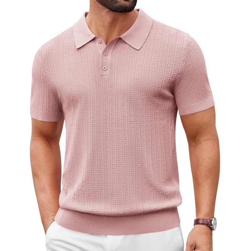 image:imageCOOFANDY Mens Polo Shirts Textured Knit Short Sleeve Stretch Casual Shirts IceCool Fabric Comfortable and Breathable Three Button placket unique knit TexturePink