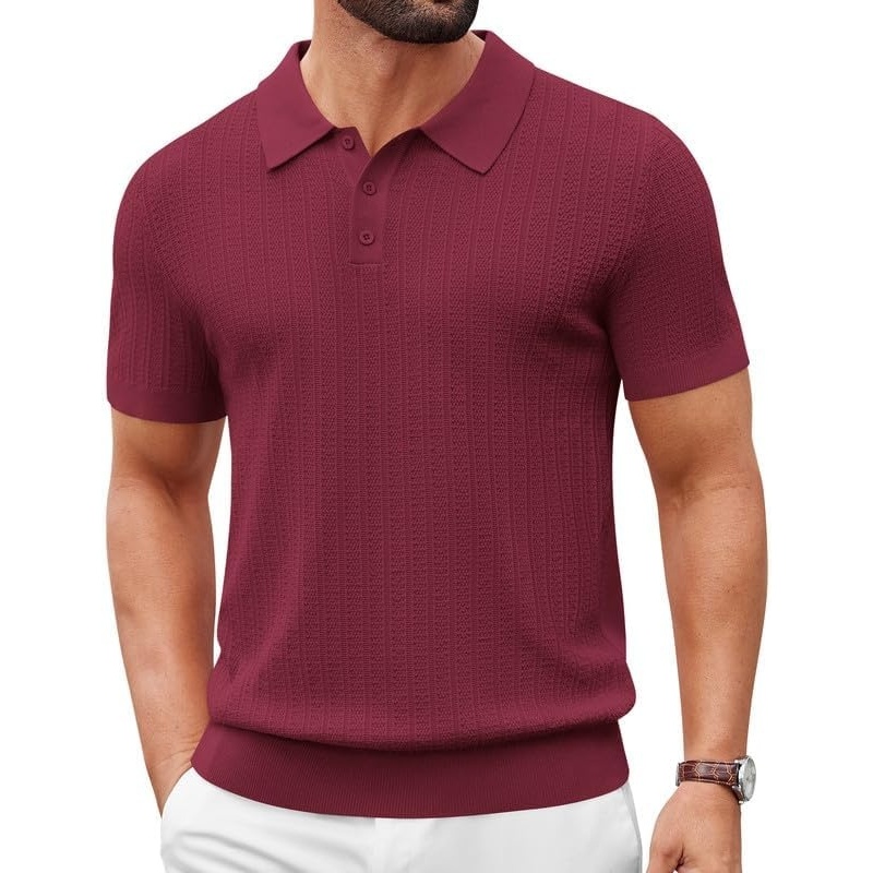 image:imageCOOFANDY Mens Polo Shirts Textured Knit Short Sleeve Stretch Casual Shirts IceCool Fabric Comfortable and Breathable Three Button placket unique knit TextureWine Red