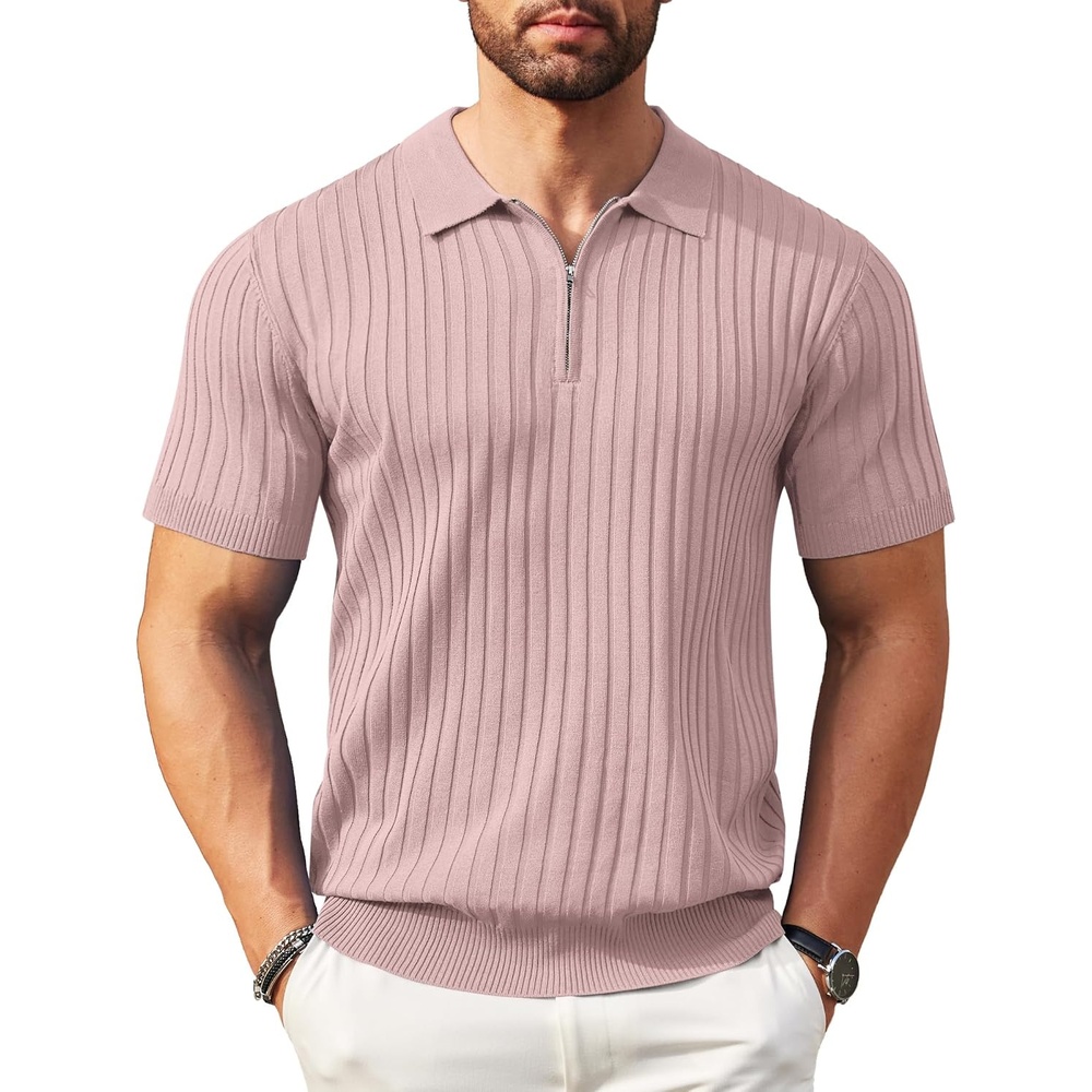image:imageCOOFANDY Mens Quarter Zip Polo Shirt Short Sleeve Ribbed Knit Golf Tee  Collared 14 Zip Textured Casual Business Shirt Lightweight Breathable Elastic T Shirt for MenPink