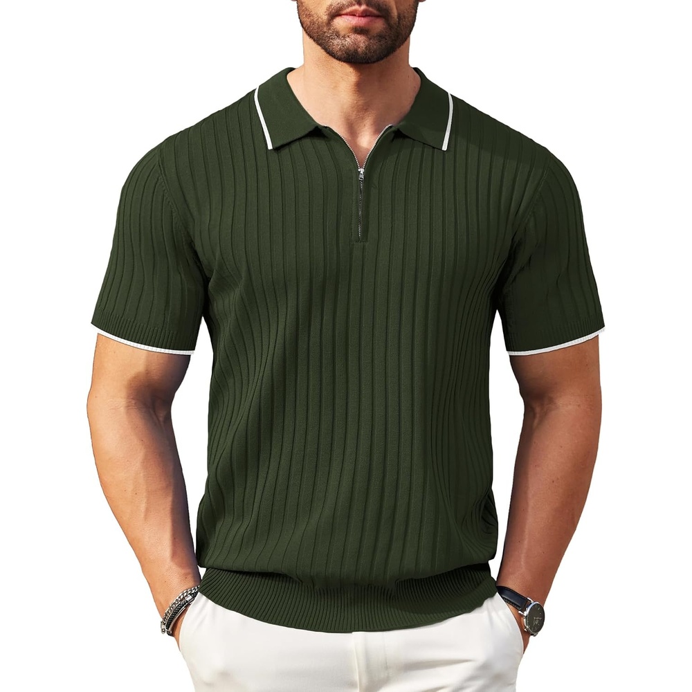 image:imageCOOFANDY Mens Quarter Zip Polo Shirt Short Sleeve Ribbed Knit Golf Tee Collared 14 Zip Textured Casual Business Shirt Lightweight Breathable Elastic T Shirt for MenStripes Army Green Stripes
