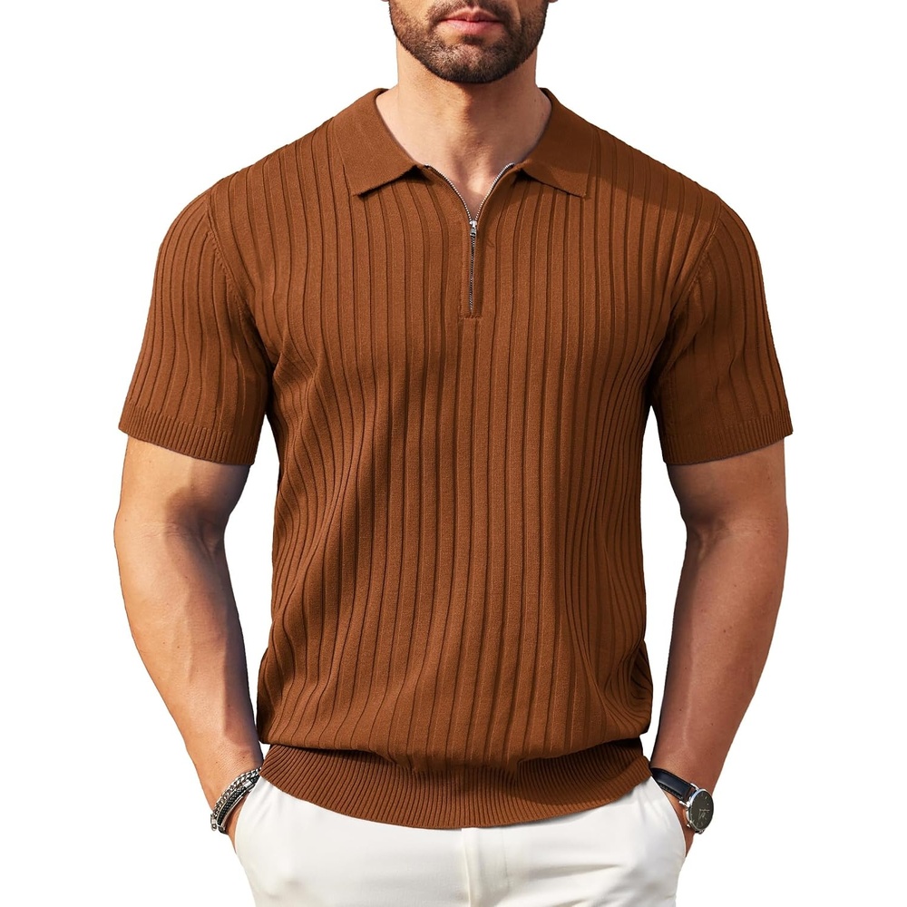 image:imageCOOFANDY Mens Quarter Zip Polo Shirt Short Sleeve Ribbed Knit Golf Tee  Collared 14 Zip Textured Casual Business Shirt Lightweight Breathable Elastic T Shirt for MenBrown