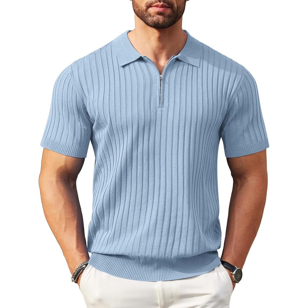 image:imageCOOFANDY Mens Quarter Zip Polo Shirt Short Sleeve Ribbed Knit Golf Tee Collared 14 Zip Textured Casual Business Shirt Lightweight Breathable Elastic T Shirt for MenSky Blue
