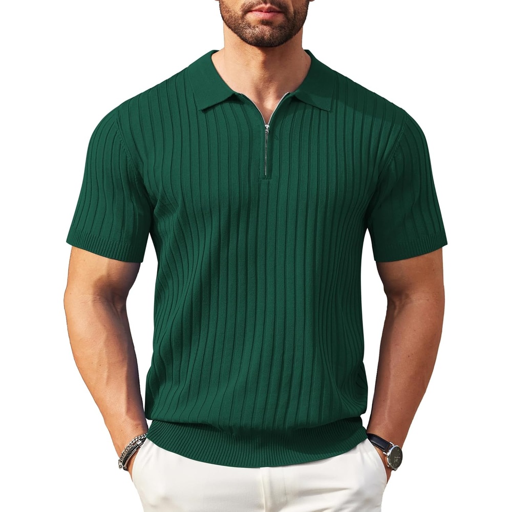 image:imageCOOFANDY Mens Quarter Zip Polo Shirt Short Sleeve Ribbed Knit Golf Tee  Collared 14 Zip Textured Casual Business Shirt Lightweight Breathable Elastic T Shirt for MenHunter Green