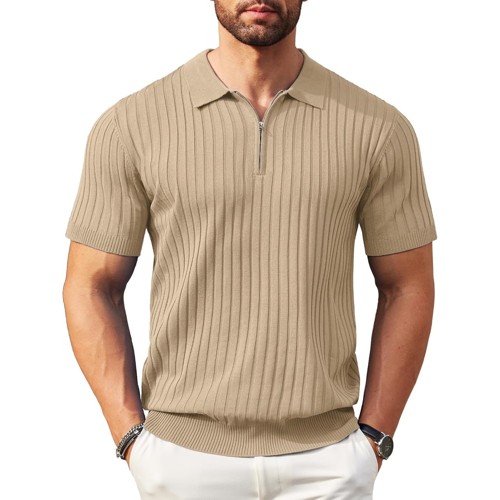 image:imageCOOFANDY Mens Quarter Zip Polo Shirt Short Sleeve Ribbed Knit Golf Tee Collared 14 Zip Textured Casual Business Shirt Lightweight Breathable Elastic T Shirt for MenKhaki