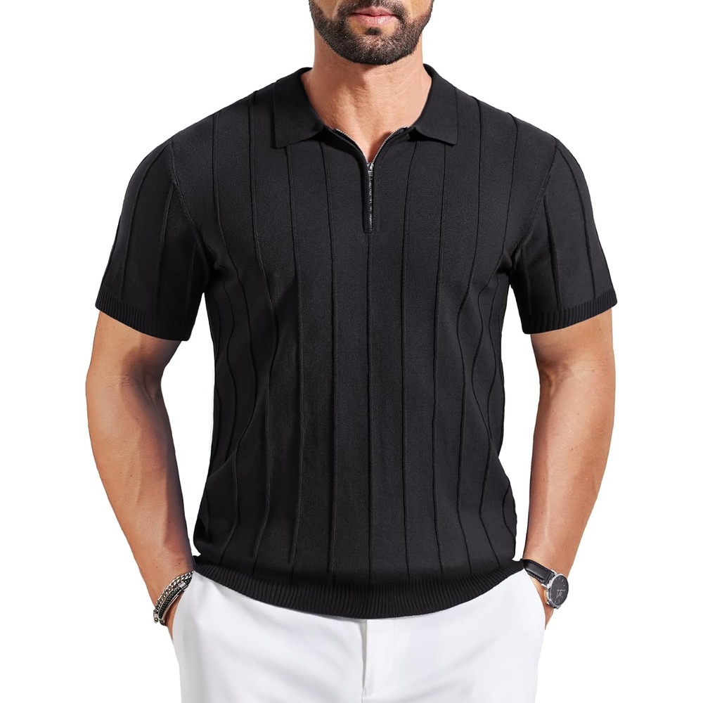 image:imageCOOFANDY Mens Quarter Zip Polo Shirt Short Sleeve Ribbed Knit Golf Tee  Collared 14 Zip Textured Casual Business Shirt Lightweight Breathable Elastic T Shirt for MenVblack