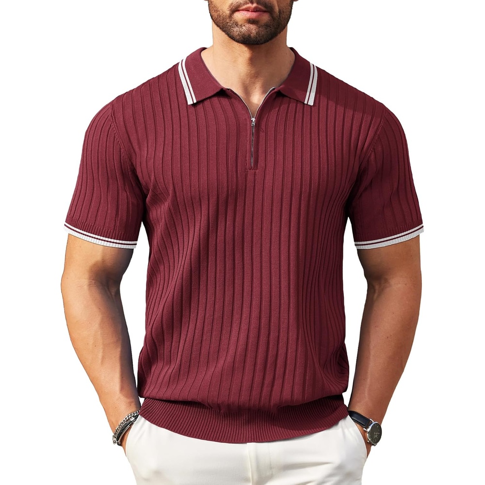 image:imageCOOFANDY Mens Quarter Zip Polo Shirt Short Sleeve Ribbed Knit Golf Tee  Collared 14 Zip Textured Casual Business Shirt Lightweight Breathable Elastic T Shirt for MenStriped Wine Red Striped