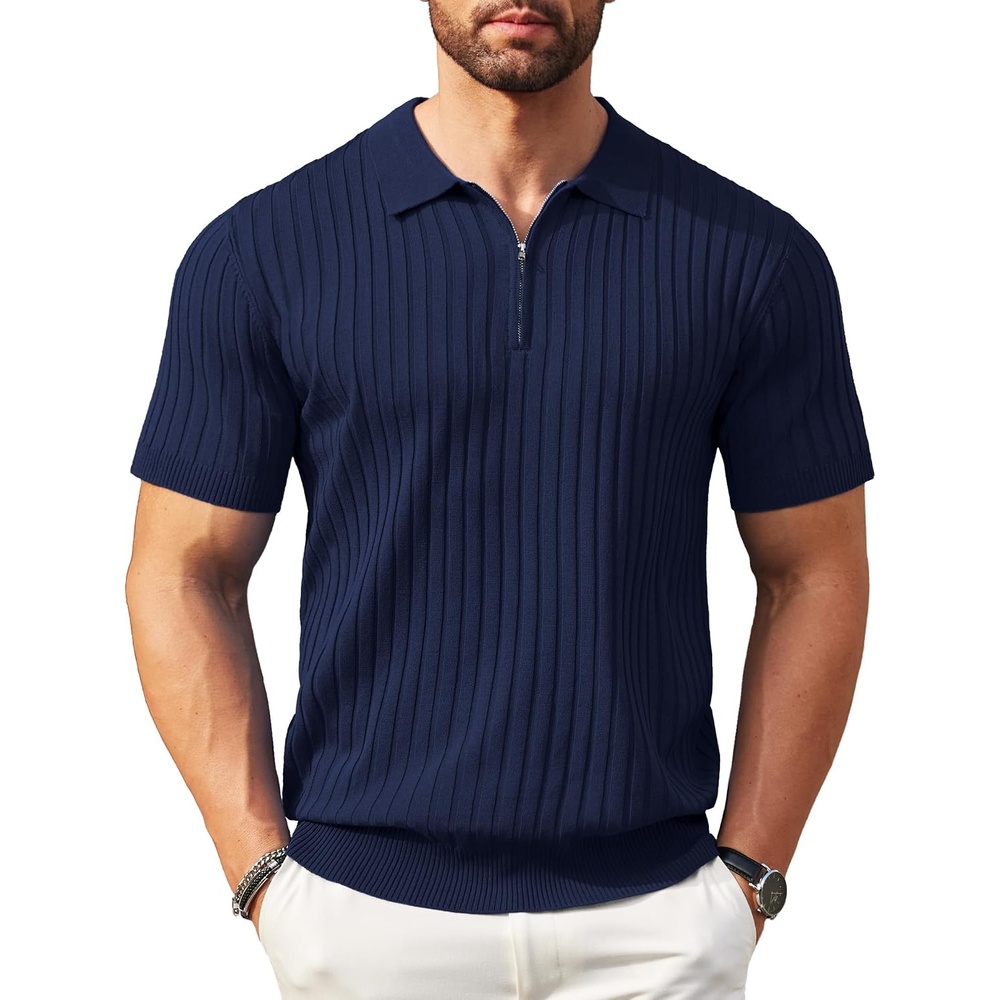 image:imageCOOFANDY Mens Quarter Zip Polo Shirt Short Sleeve Ribbed Knit Golf Tee Collared 14 Zip Textured Casual Business Shirt Lightweight Breathable Elastic T Shirt for MenAnavy Blue