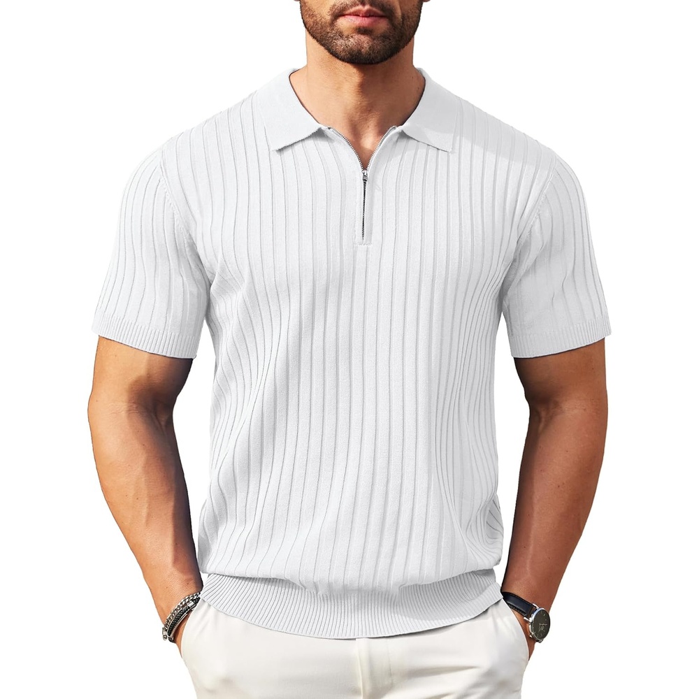 image:imageCOOFANDY Mens Quarter Zip Polo Shirt Short Sleeve Ribbed Knit Golf Tee Collared 14 Zip Textured Casual Business Shirt Lightweight Breathable Elastic T Shirt for MenWhite
